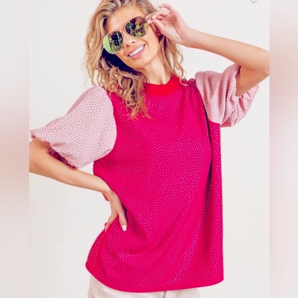 BiBi Tops - BiBi Med Pink Fuchsia Short Puff Sleeve Top